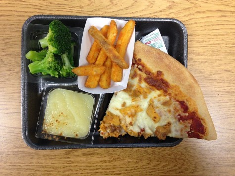 Main Dish: Buffalo Chicken Pizza Sides: Broccoli, potato wedges, and applesauce