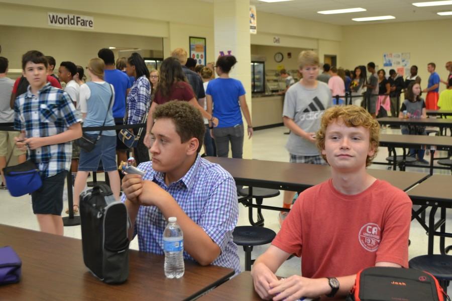 Freshmen Cole Wilson and Josh Jenkins relax at lunchtime, taking a brief break from the school day. 