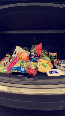 My mom’s trunk after our first round of paleo shopping. Contents include fresh fruit, vegetables, and mixed nuts.