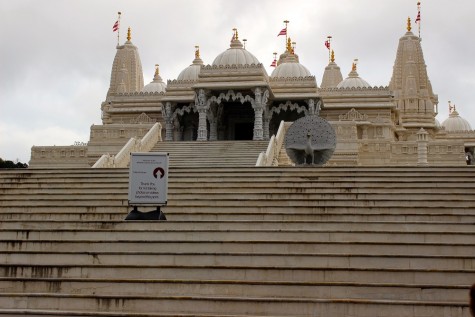 The BAPS Shri Swaminarayan Mandir’s shrines, carved out of marble and limestone. The peacocks, the national bird of India, situated on the steps before the temple symbolize prosperity and good luck.