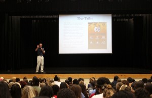 Dr. Page introduces and explains “The Tribe” to senior girls during their class meeting on August 14. 