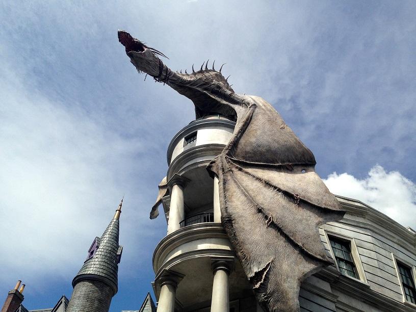 Perched on top of Gringotts bank, a testament to the ride and seventh book, is a large dragon. Every fifteen minutes or so the dragon starts to growl, and then lets out a breath of fire that heats up the whole alley. Local citizen and five year old Rachel Wilford commented, “The dragon was really scary but awesome.” 