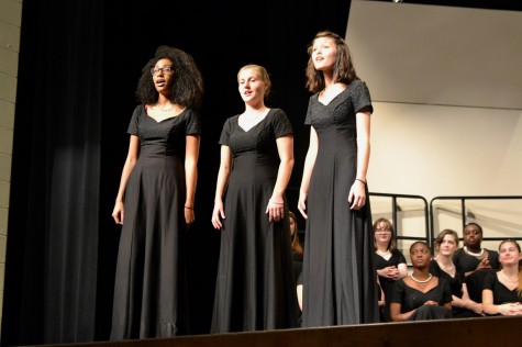 Senior Sade Akinyemi, senior Hannah Geil, and sophomore Logan Peng sing “Edelweiss” in a trio. The three girls auditioned for the parts and worked extensively after school to perfect the performance. 
