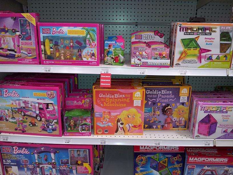 At Toys R Us, or basically any store that carries toys, Goldieblox lies hidden amongst the princessy pink stereotypical girl toys. It took the reporter nearly twenty minutes to find it, marketed to girls alone.