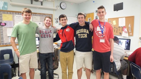 From right to left: senior Cameron Hines, senior Sam Fulkerson, sophomore Emmett Schindler, junior Adam Kovel, and junior Andrew Lubbers reunite with their former Newspaper mentor and friend Sam Fulkerson.