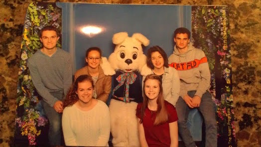 Freshman Jordan Watt, Junior Camden Jones, Sophomore Audrey Widmier, and French students Nolwenn Jégou, Aubane Morel, and Bastien Hourman pose with the Easter bunny. Saturday was a free day for French and American students. Most host students took this opportunity to Americanize their students. Popular activities included Six Flags, the mall, and the movie theater. 