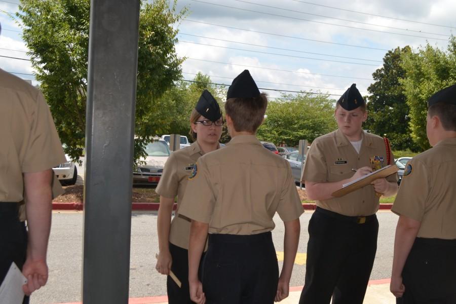Today marks the first 2015-2016 weekly inspection of the ROTC cadets. Cadets are required to wear full uniform attire every Friday, and senior cadet ensigns Scott Hoerchler and Josey Boyd check each cadet’s uniform to ensure correctness. 