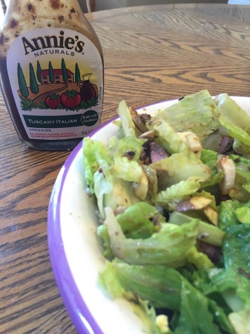 A typical Paleo lunch: steak salad topped with organic Tuscany Italian dressing.