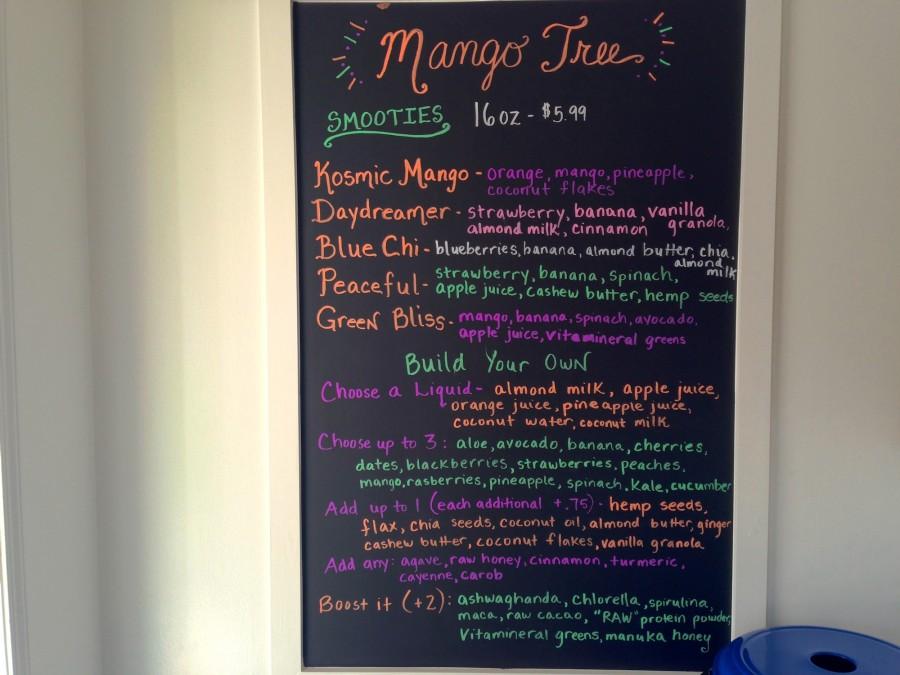 The menu, written on a blackboard, displays the day’s specials and choices for creating an original smoothie.  