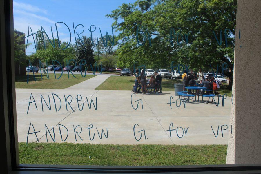 Elections are being held at NC this week, and students are coming up with new and creative ways to gain votes. Senior vice presidential candidate Andrew Gasparini took his campaign to the lunchroom, covering almost all the windows with his slogan, “Andrew G for VP!” Voting for president and vice president will be held tomorrow morning in homeroom. 
