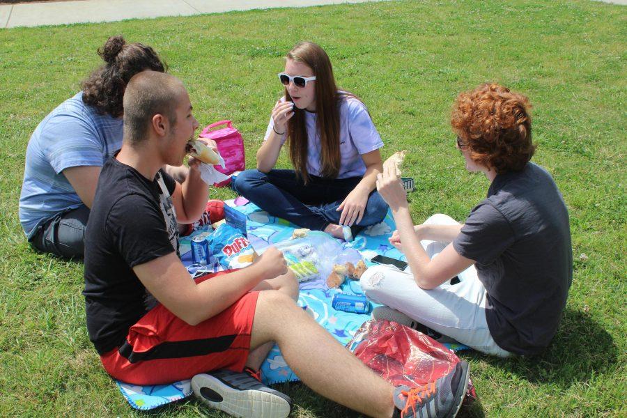Students take advantage of the wonderful weather today and decide to have a picnic during lunch. 
