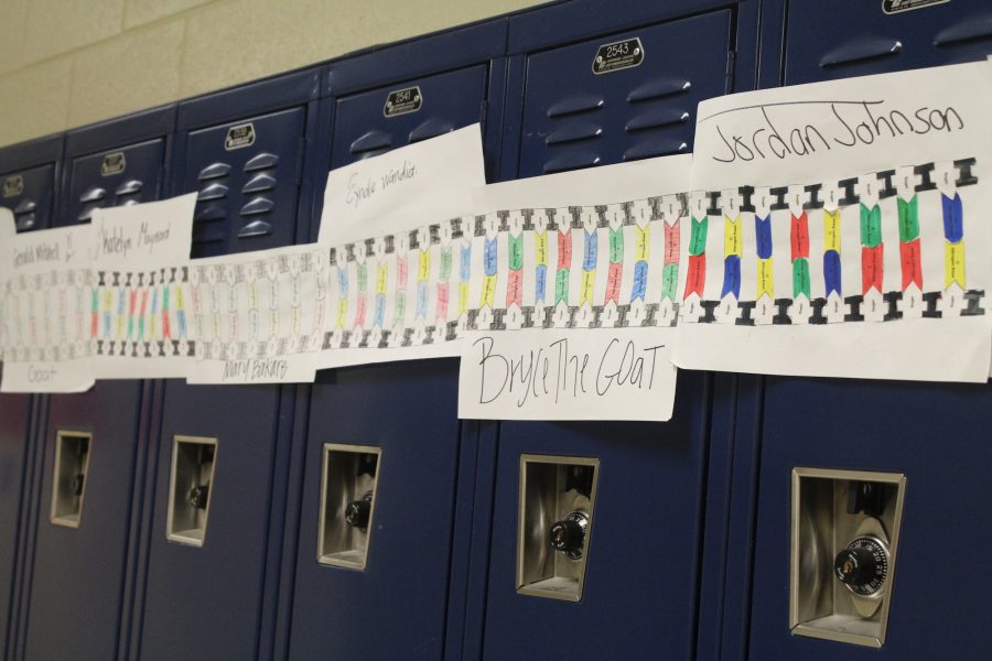Nearing the science hall, colorful projects created by students in Mrs.Tidricks class hang on the lockers. 