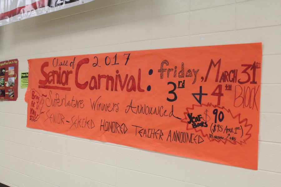 Yearbook created senior carnival posters and hung it in the lunchroom this week. Someone will announce senior superlatives and the senior selected honored teacher at the event. The senior carnival is March 31 and lasts through 3rd and 4th periods. Someone will sell yearbooks and kona ice, so bring money.