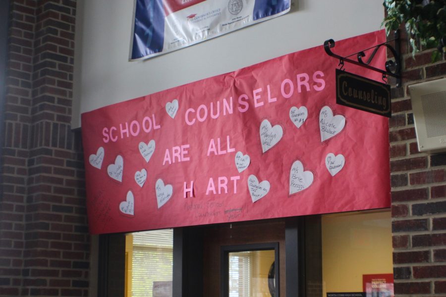 Hanging right outside the counseling office, a handwritten poster illustrates the admiration for the counselors of NC. Each heart contains a name of a counselor, and fulfilled its’ purpose for National Counselor Week.