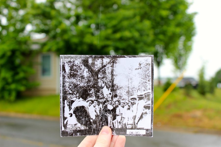 The original postcard of Franks lynching, superimposed on the location today. The history of the Leo Frank case continues to quietly permeate the city of Marietta.