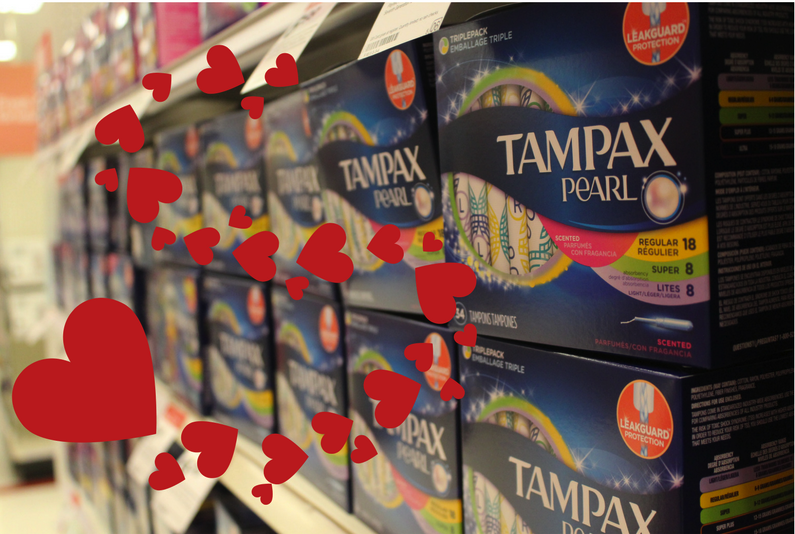Tampax markets discreet tampons in grocery store aisles.