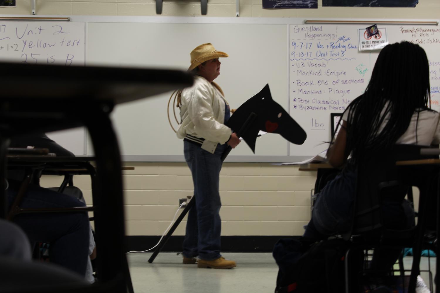 Unfortunately, this week was cut short by the hurricane, leaving only three days to celebrate NC’s homecoming. Instead of character day to kick off the theme week, students took a trip to the wild west. Dressed in her western gear with complete with a rope and cowboy hat, ninth-grade teacher Ms.Guest saddled up for today’s western theme.