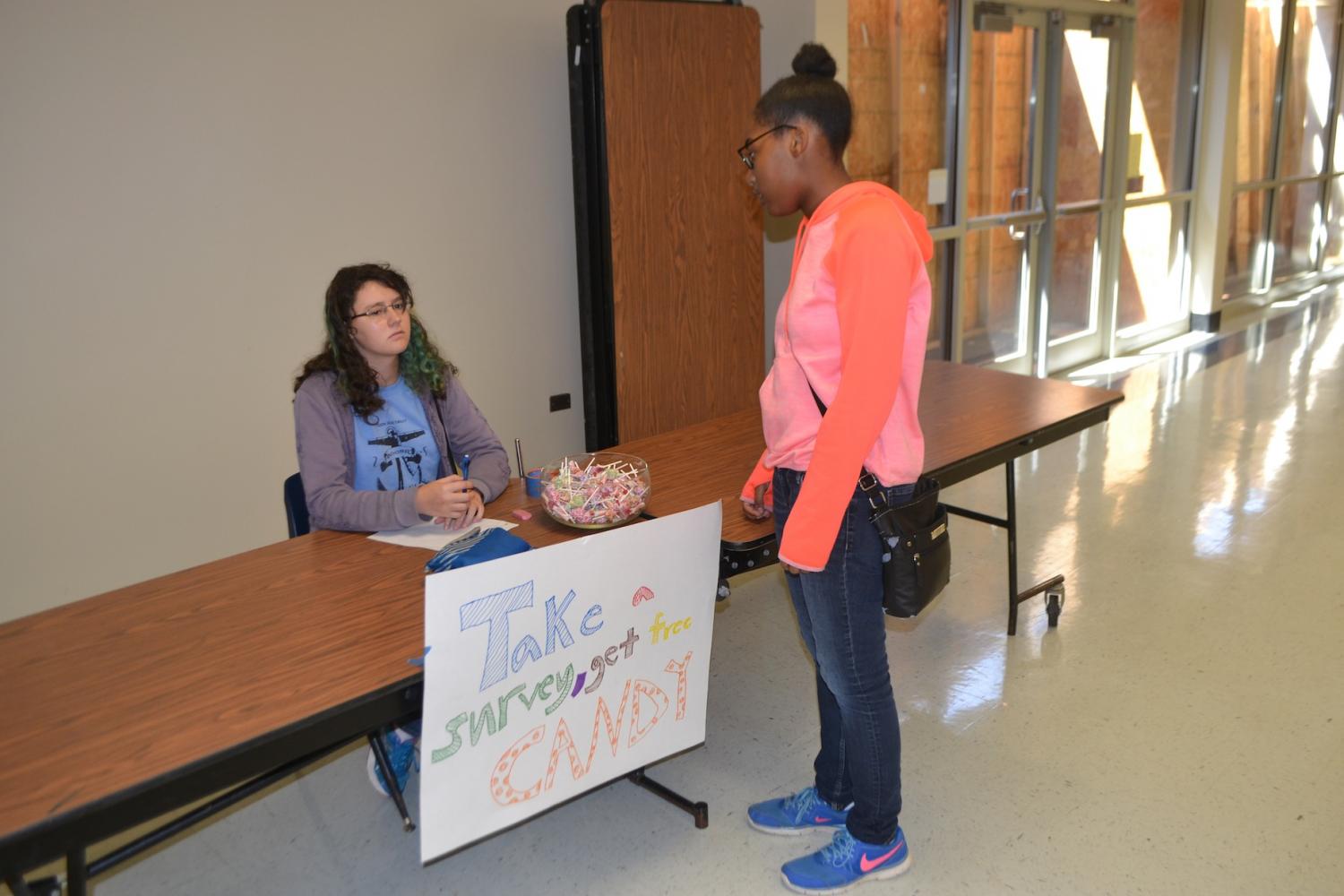 NC student stops by to talk to a fellow student hosting a survey. The survey, open to all students during lunch, offers free candy to those that answer brief questions.  The technique drew students’ attentions throughout the lunch period.