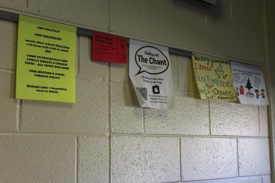 Administration recently issued a ban on flyers taped to the wall, installing hanging strips for clubs to promote themselves. With over 50 clubs at NC that advertise through flyers, colored paper and fallen poster clutter the halls and create additional work for janitors. The ban will reduce litter and neatly organize the signs for students, providing more easily accessible information.
