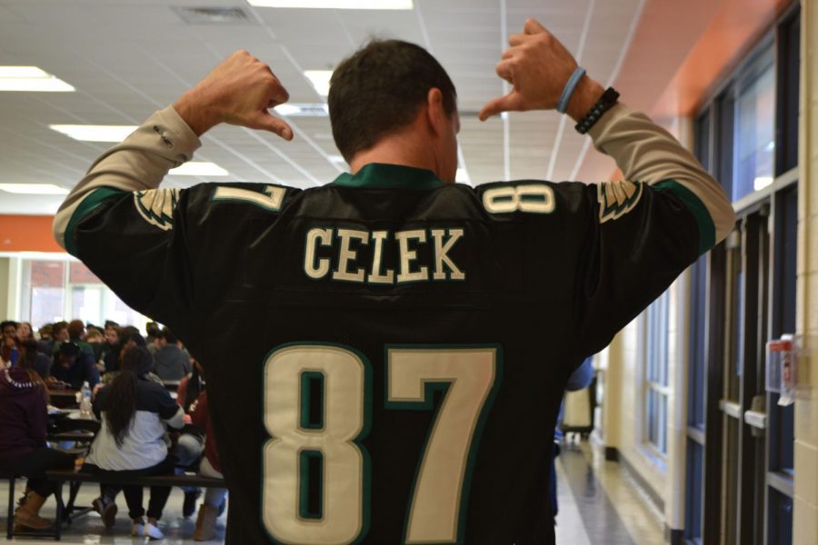 Showing off his Brent Celek jersey, coach John Speeney proudly walks the halls after the Eagles beat the Patriots 41-33 in yesterdays Super Bowl. Defeating last year’s Super Bowl champions, the Eagles rose above their underdog status and claimed victory. “I don’t know what happened to the Patriots, Tom Brady couldn’t even complete a pass,” senior Sara Cook said. 