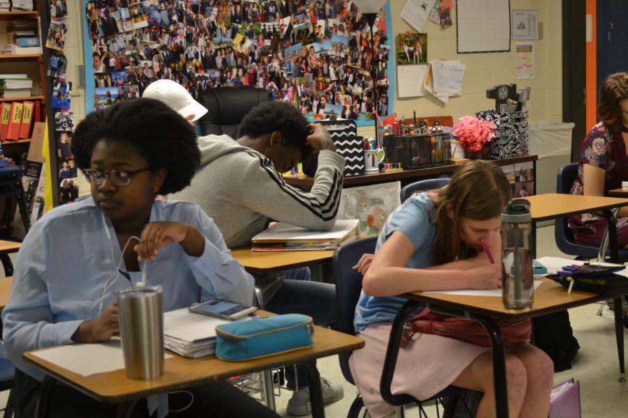 Ms. Rankenburg’s 3rd period class is hard at work on one of their final assignments for AP US History: writing a song. “We’re taking a song and putting our own lyrics over it about American History. Everyone has a theme; my theme is wars, so our song is about all of the wars,” junior Tess Thompson said. In addition to writing their songs, the students will make videos to go with them. “It’s a lot of fun,” Thompson said. 