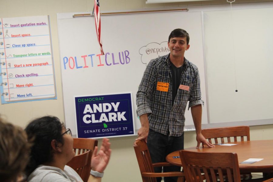 At the Politiclub meeting, Democrat Andy Clark, runner for Senate in District 37, chats with the NC students, engaging them in the conversation. The audience asks interesting questions to keep the discussion going as Clark introduces himself and goes over his campaign goals.