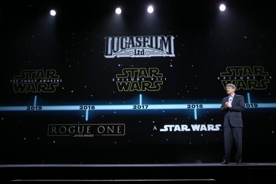 During a 2015 shareholders meeting, Disney announced the slate of upcoming Disney-era Star Wars films, including the then untitled Star Wars: The Last Jedi, Solo: A Star Wars Story, and the still untitled (and unreleased) Star Wars: Episode IX; the three saga films announced after the end of the sequel trilogy, revealed as part of a Rian Johnson-directed trilogy, also remain unnamed.
