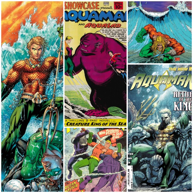 arious comic book cover encompassing the different eras of the character. The issues, in order: Justice League Vol 2, issue 4 (textless cover), DC Showcase Present #32, Aquaman Vol. 5, issue 0, Aquaman #35, & Aquaman Vol 7, issue 18.