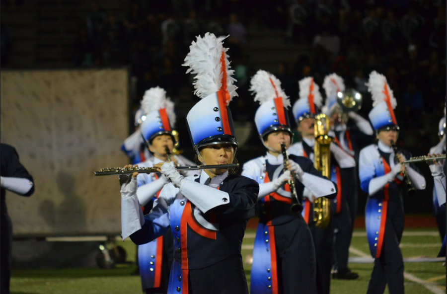 Band members stare intently at the drum majors to stay on beat and march to the best of their ability. The second and third marching band competitions tested the groups technique as well as playing ability.