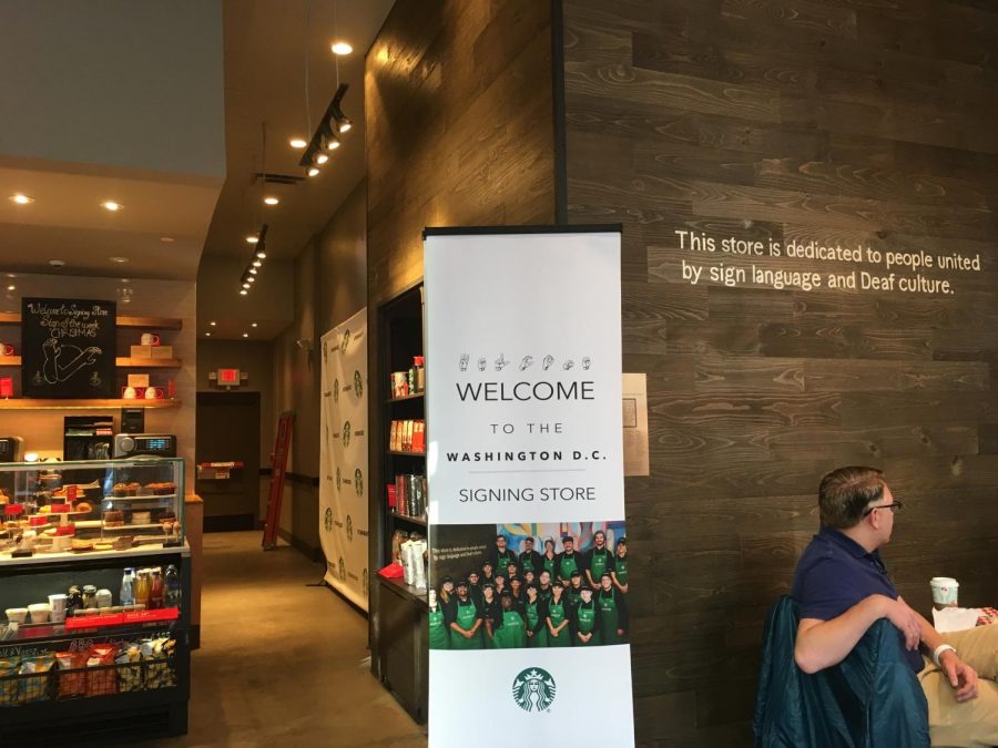 The storefront of the Starbucks displays the name of the store in ASL. This gives a unique visual to catch people’s eyes as they walk down the street. “The Starbucks puts hearing people in deaf people’s shoes,” sophomore Devlin said.