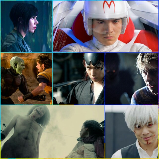 The protagonists of various live-action films based on Japanese anime are compiled together. From top left, in clockwise order-Scarlett Johansson as Major Killian in Ghost in the Shell (2017), Emile Hirsch as Speed in Speed Racer (2009), Nat Wolff as Light Turner in Death Note (2017), Masataka Kubota as Ken Kaneki in Tokyo Ghoul (2017), Justin Chatwin and James Marsters as Goku and Piccolo in Dragonball Evolution (2009), and Sota Fukushi as Ichigo Kurosaki in Bleach (2018).