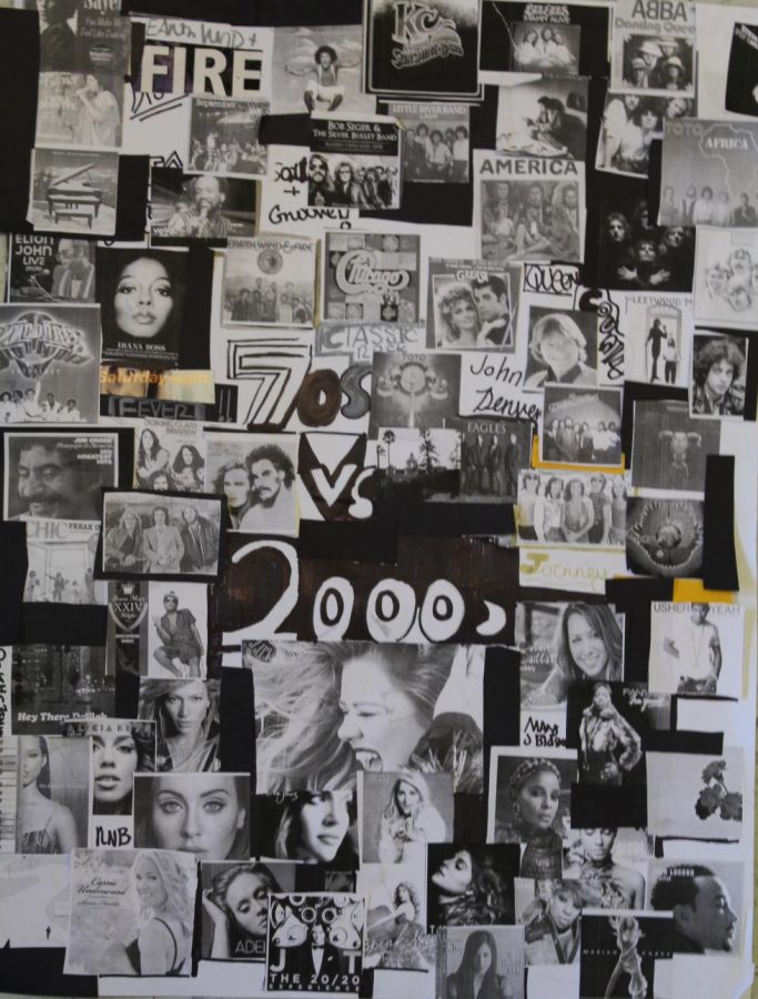 This art piece focuses on the popular artists and bands in the 70s in comparison to the 21st century, the early 2000s mainly. The 70s-primarily disco, spoke to the generation with popular artists such as The Bee Gees singing the hit “Stayin Alive,” Gloria Gaynor singing “I Will Survive”, Abba with their hit “Dancing Queen” and a plethora of others. These artists emulated the disco lifestyle. In addition to disco, Classic rock and pop groups like The Doobie Brothers, Queen with the classic “Bohemian Rhapsody”, Toto with popular songs “Hold the Line” and “Africa”, and other groups became the voices of the generation. Just as the 21st century, especially the early 2000s, relied on mainstream pop, R&B, and hip hop.  Artists like Alicia Keys singing “If I Aint Got You,” Kelly Clarkson winning the inaugural season of American Idol with hits like “What Doesnt Kill You Makes You Stronger”, Adele singing “Someone Like You” and others fed into the mainstream ruled generation.