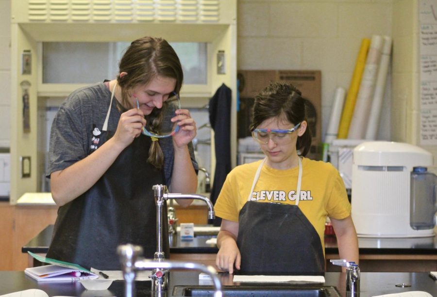 Chemistry students in Mrs. Nena Tippenss class practice using their lab safety skills while they identified the color-changing chlorine compounds. Previous to this, the students quizzed on polyatomic ions. Chemistry remains one of the most difficult classes a sophomore can take, but the young scientists appeared to perform well on both evaluations. 