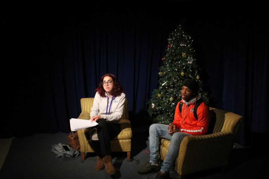 Cassia Dunlap and Gerald Harris receive instruction as they prepare to film a show similar to Tomahawk Today. Those enrolled in the Audio-Video Technology and Film pathway learn to produce more than the regular news package shown first thing in Homeroom; they also learn scripting, writing, filming, and editing for creative projects such as the one shown.
