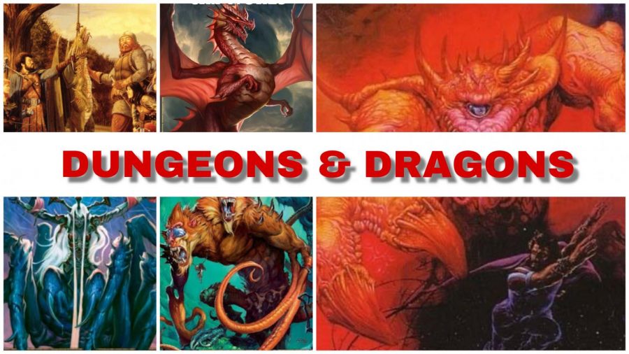 A collection of various covers from Dungeons and Dragons novels and rulebooks demonstrates how players use the game for many purposes, including escaping the real world, exercising their creative muscles, bonding with their friends and just having fun. Dice, books, and miniatures cover the table as tools to act out their fantasies. 