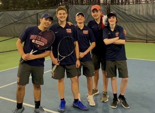 The NC varsity boys tennis team secured a 3-2 victory over region rival North Paulding High school.  The deciding one doubles match came down to Lorenzo Alarcon and Grayson Hines, who kept the audience on their toes with split sets and tie breaker for the third set. NC earns their third win of the season and improves to a 1-0 region record. (Pictured left to right) Lorenzo Alarcon, Grayson Hines, Ryan Tuchmann, Peyton Stack, and Tyler Goldfine celebrated at Acworth’s Poblanos following the victory. 
