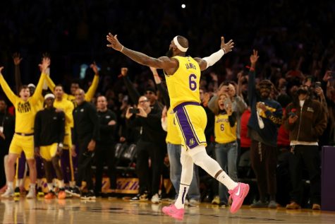 After Lebron James surpasses Kareem Abdul-Jabaar in all-time regular season points with a total of 38,390 points, James runs over to the other side of the court interacting with the Los Angeles Lakers’ fans and sharing this important moment with them. Jaabar walked down to the main court and passed his torch to one of the greatest basketball players: Lebron James. 