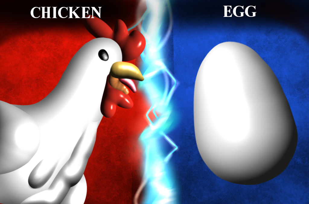 Hotly debated by scientists, religious believers and those simply seeking conversation, the argument over the prior existence of the chicken or the egg precedes Kentucky Fried Chicken itself. Ultimately, an egg cannot exist without an evolved chicken first producing it. Critics believe the final evolved version of the chicken formed inside an egg first, but using critical thinking and reasoning, a chicken mothers an egg, rather than vice versa. 